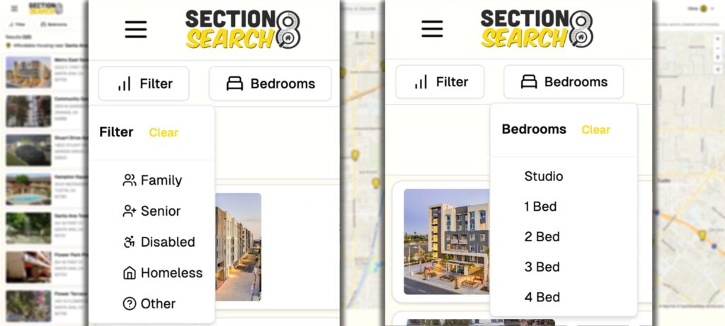 section 8 search filter selection