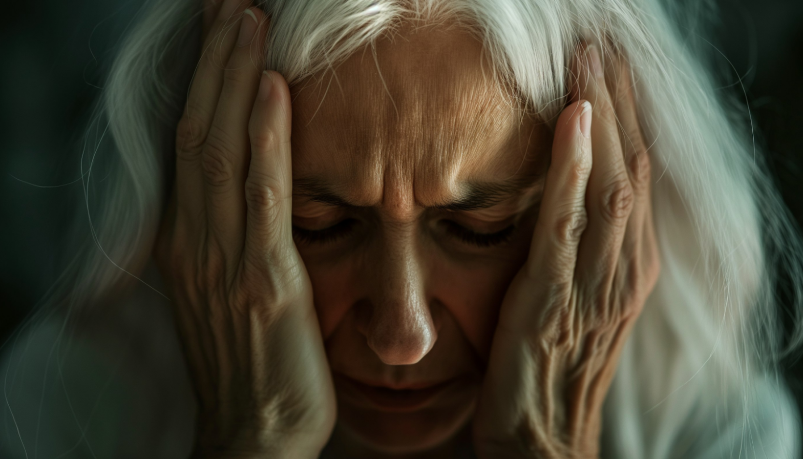 a woman with her head in her hands upset from losing her housing